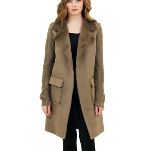 Love Token ππ Faux Fur Wide Collar Knit Trench Jacket Coat ~ Taupe Brown