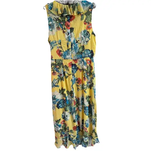 London Times Sleeveless Flowy Floral Faux Wrap Dress Size 14 Yellow Vacation - Image 4