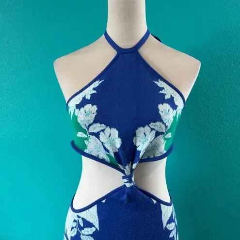 Farm Rio Soft Garden Knit Dress Blue Floral Halter Cut Out Maxi Vacay Size XS