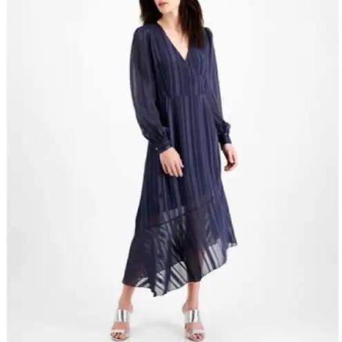 NWT! Adyson Parker Black Iris Indigo Stripe Long Sleeve Asymmetrical Hem Large Blue