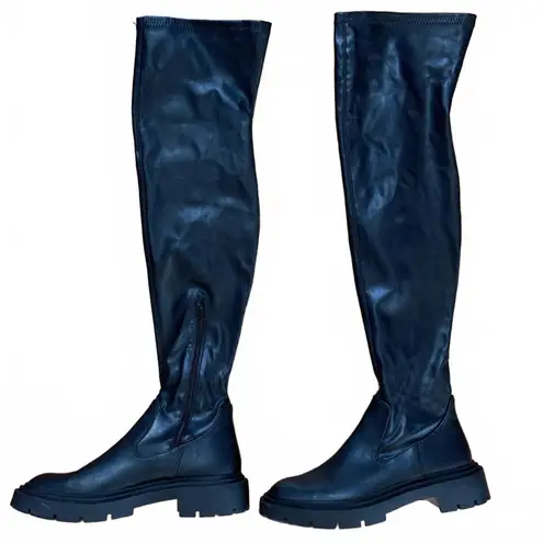 ZARA  Black Stretch Vegan Leather Over The Knee Flat Lug Sole Boot Sz 39