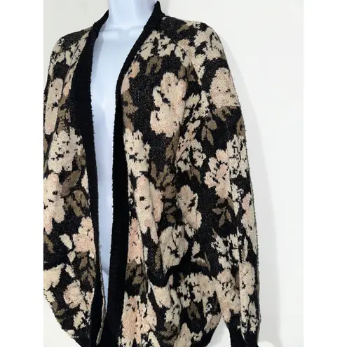 Saltwater Luxe Floral Cardigan Sweater Open Front Black Tan Womens XL