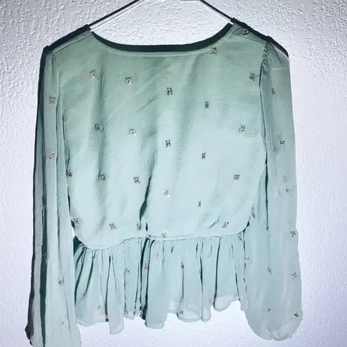 Lulus Light Sage Green Embroidered Peplum Blouse – Size Small