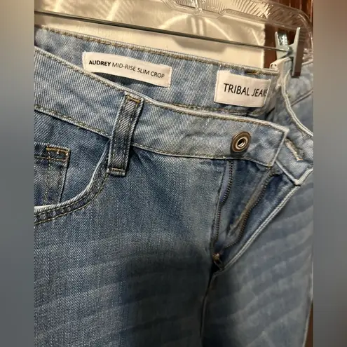 Tribal NWT 50th Anniversary Audrey color block mid rise slim cropped jeans sz 10 Blue