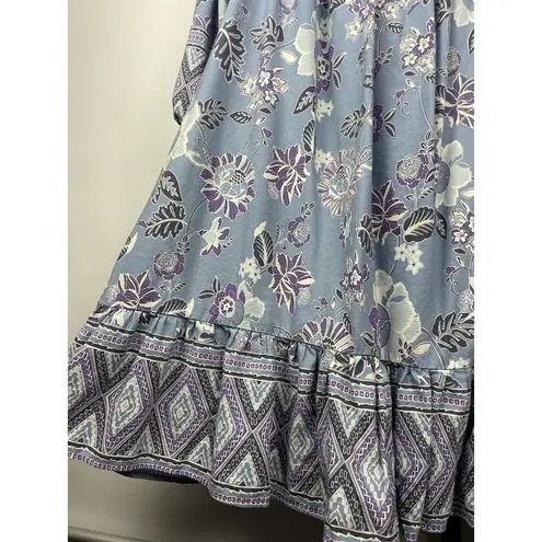 Lounge Beach Lunch  Blue Purple Peasant Top Border Floral Mumu Print Dress Sz L