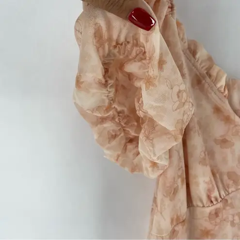 Kit & Sky Lightweight Mesh Floral Print Puff Sleeve Sweat Heart BabyDoll Top Pink Size L