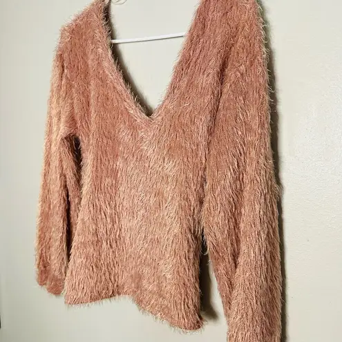 Lush Clothing Lush Rosewood Pink Shaggy V-Neck Knot Back Sweater Size Small