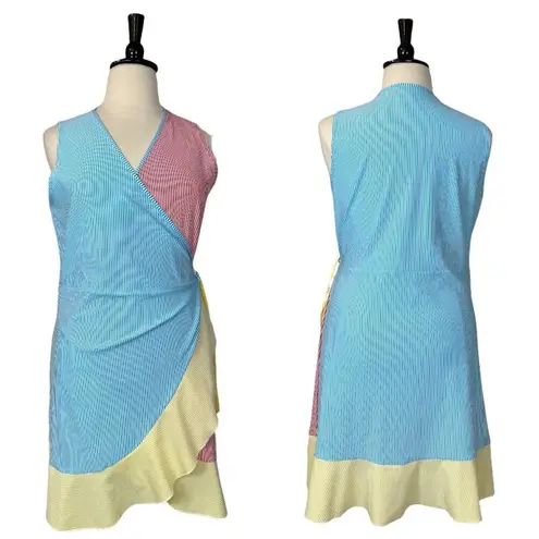 Lands’ End New. Women's Dress Blue Red Yellow Stripe Seersucker Wrap Size XL