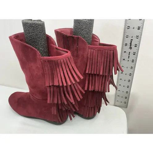 Comfortview Womans Comfort View Midcalf Boots Maroon 9.5 M Pull On Side Zip fringe Flat Heel