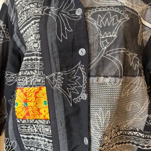 VTG Chico's Design Jacket Black Gray Embroidered Patchwork Art To Wear Size 2 L Size L