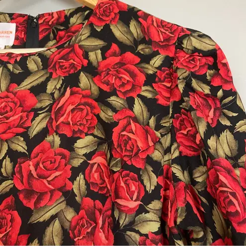 Vintage 80s Floral Dress Roses Dropped Waist Long Sleeve Modest Black Red Retro Size 8