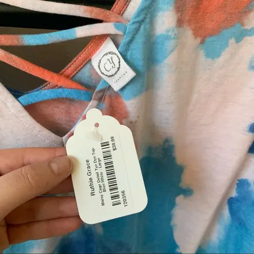NWT Ruthie Grace “4th of July” Cage Detail Red White Blue Tie Dye Short Sleeve Size L