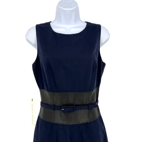 Susana Monaco Wool Blend Belted Navy Blue Leather Panel Dress Size 4 NWT