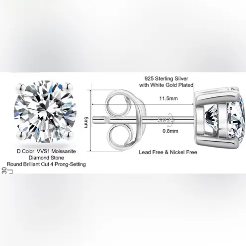 .5C D Color VVSI Moissanite Stud Earrings 925 Sterling Silver White Gold Plated.