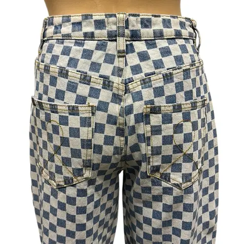 Tiger Mist  Wide Leg High Waist Blue White Checkered 4 Pocket Denim Jeans Small