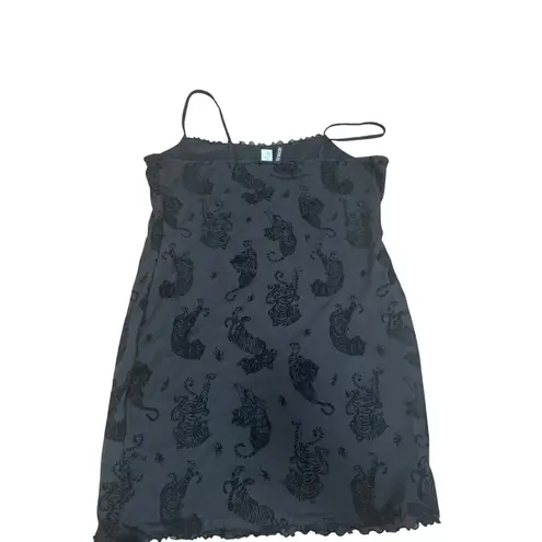 H&M Divided Black Tiger Print Mesh Slip Dress Mini Spaghetti Strap Lettuce Hem Size M