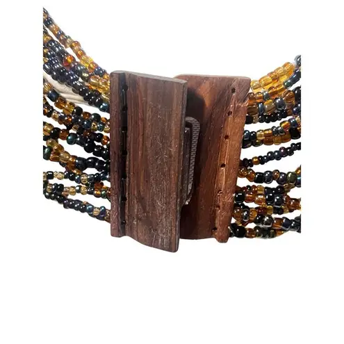 Vintage Amber Earth Tone Seed Bead Multi Strand Necklace with Wooden Belt Buckle Orange