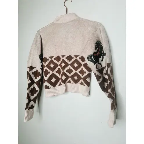 AUTUMN ADEIGBO Brown Horse Printed 100% Virgin Wool Marla Turtleneck Top Small