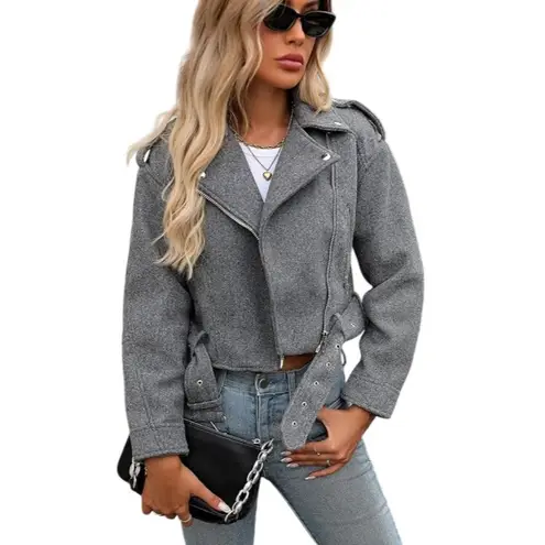 Cropped Woolen Moto Coat Bomber Biker Jacket Medium Grey Belt Zipper Pockets NEW Gray