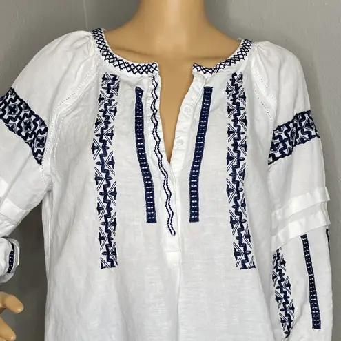 Premise Boho Dress White and Blue Embroidered Linen Blend Size Small