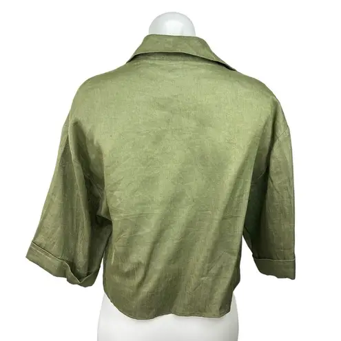 ZARA  100% Linen Green Cropped Collared Wide Short Sleeves Button Up Shirt Top XS