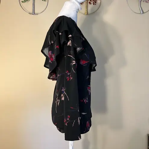 Veronica M Black Red Purple Floral Ruffle Asymmetrical One Long Sleeve Top XS