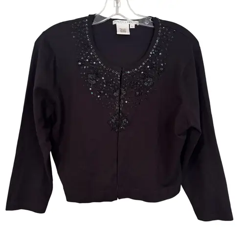 Maggy London Silk Blend Beaded Cropped Cardigan Womens Large Black Party Classic