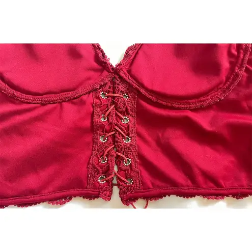Red Lace Corset Crop Top – Zipper Back, Faux Leather Tie