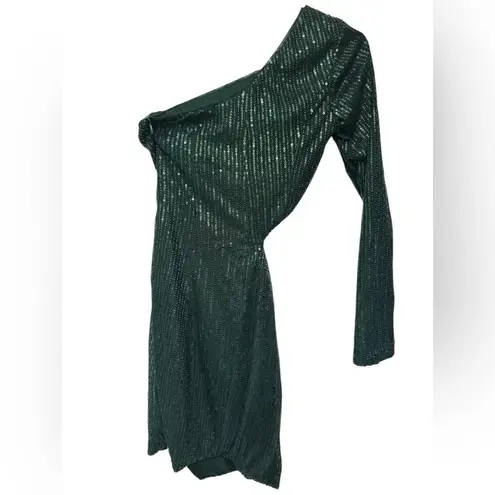 Emerald green sequins one arm side cutout shirt cocktail dress NWOT Size XS