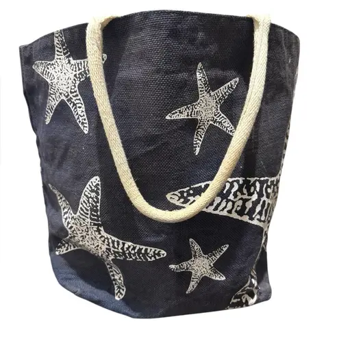 Navy Jute Starfish Beach Tote Bag Rope Handles Coastal Summer Travel Blue