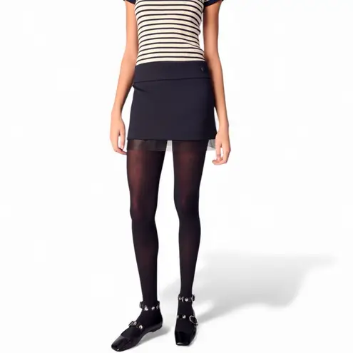 Maje Anthro black wool blend mini skirt with tulle mesh hemline size 38 medium