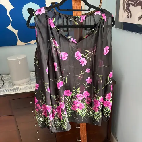 Dennis Basso Black Sheer Black Peasant Top with Floral Graphic + Tassels size M - Image 2