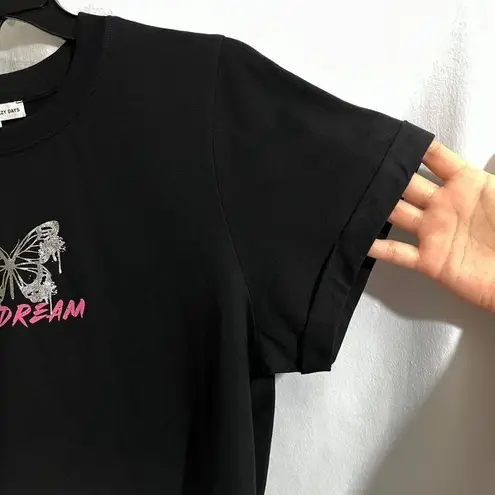 Graphic Silver Glittery Butterfly Crop Top Size Medium Black