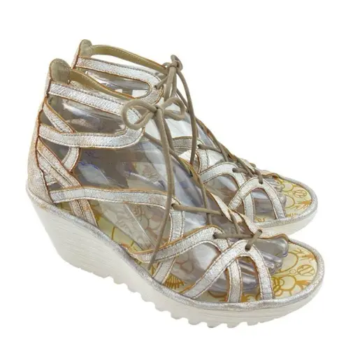 Fly London * Yuke Sandal Womens Size 38 Wedge Strappy Gladiator White Metallic