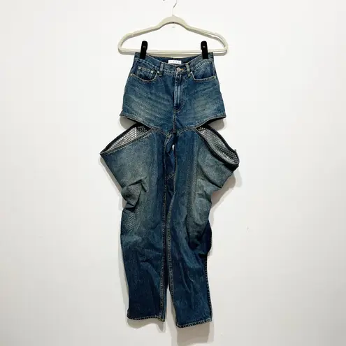 Area Crystal Jewel Diamond Sparkle Embellished Straight Slit Baggy Cotton Jeans