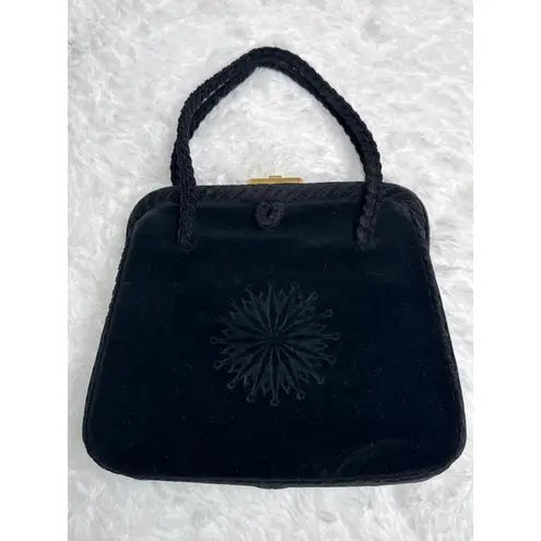 OOAK 1950s Black Velvet Evening Bag w/ Starburst Embossed brass lock top handle