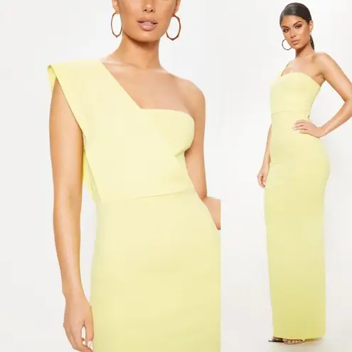 Pretty Little Thing  Light Lime One Shoulder Maxi Gown Dress Back Slit Crepe