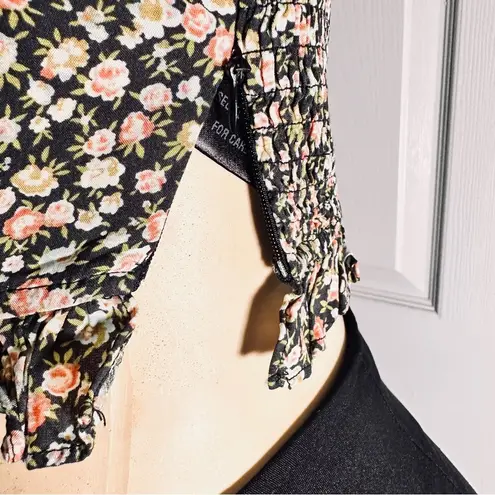 Dress Forum  Womens Crop Top Floral Black Long Sleeve Drawstring Size Small