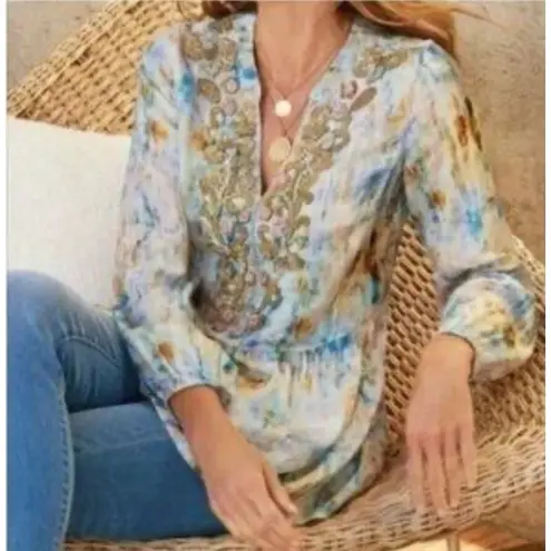 Soft Surroundings Embellished Peasant Top M Boho Floral Tunic Sparkle Beaded