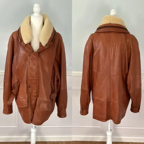 Vintage Eagle Shearling Sherpa Leather Coat Brown Made in Turkey 80s Size XL