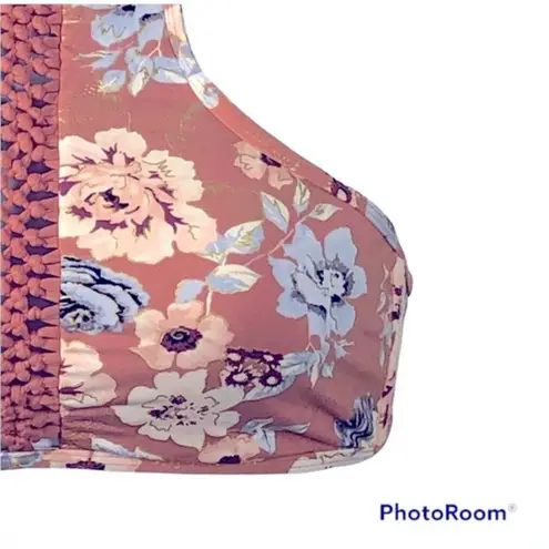 Ambrielle Floral Peach Halter Swim Top XL Braided Front Padded Cups Orange