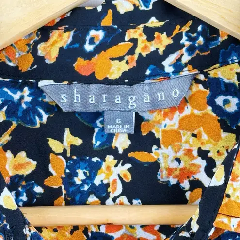Sharagano  Women's Size 6 Button Front Midi Dress Black Yellow Orange Floral