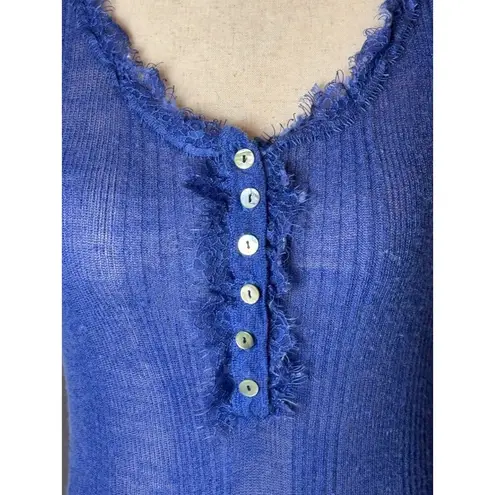 PPLA Shirt Women Small Blue Knit Linen Blend Fringe Stretch Henley Top Sheer