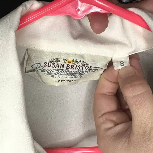 Susan Bristol Vintage Top Ivory Button Front Lace Embroidered Sleeves Sheer P8