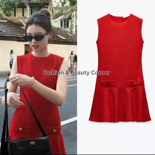 ZARA NWT red tweed textured mini dress