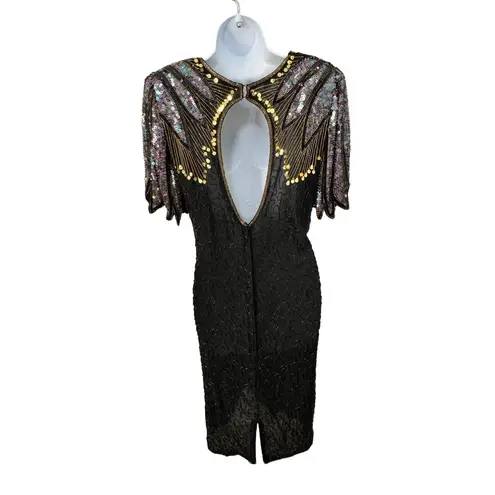Black Beaded & Sequined Short Sleeve Evening Dress Black Tie Vintage Paris S