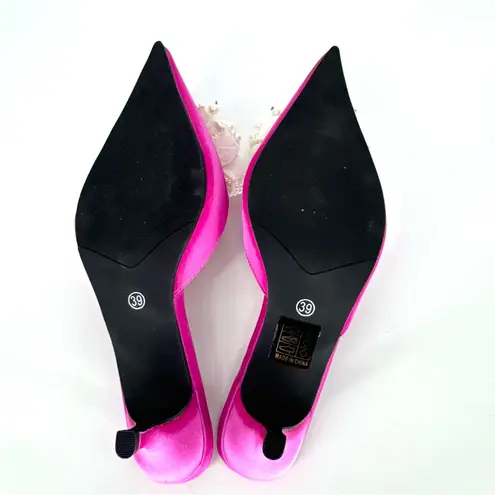 Bright Pink Satin Kitten Heel Mules with Pearl Bow Size 39