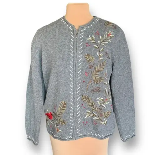 Vintage Gray Bright Cherry Red Cardinal Embroidered Zip Cardigan Sweater Large