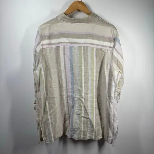Kate Hill Top Women 2X Plus Size Tan Stripe 100% Linen Button Up Roll Tab Coast