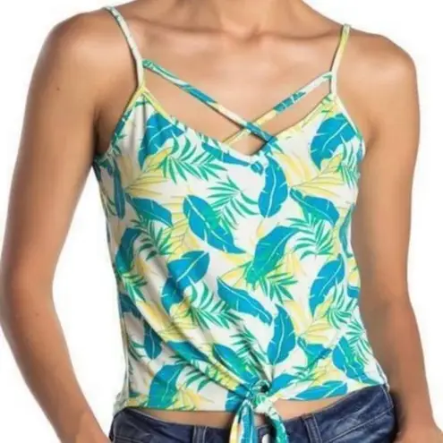 Poof New York Poof Leafy Palm Print Tie Front Strappy Neckline Tank Top Green Yellow Large